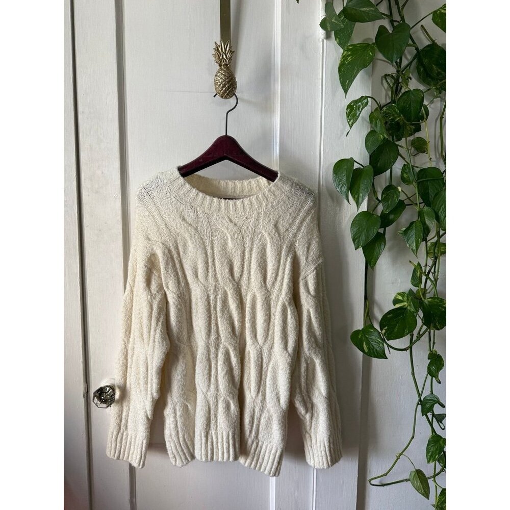 American Eagle Outfitters Cream Cable Knit Crewneck Sweater